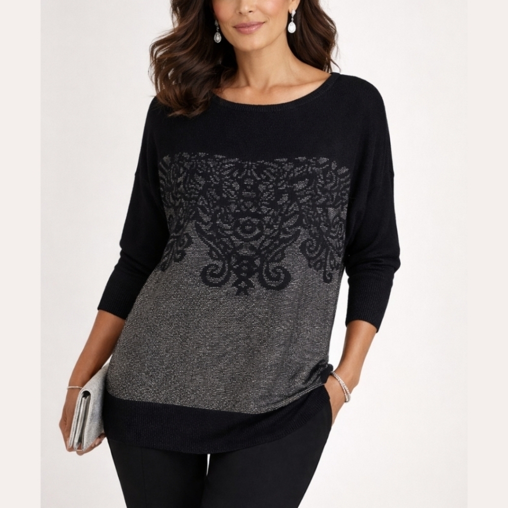 ROZ & ALI Half Sleeve Black Knit Sweater Blouse Metallic Jaquard Filagree Front